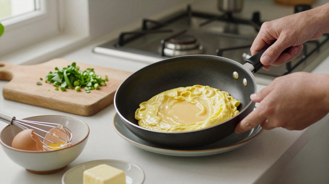 Pessoa a cozinhar uma omelete numa frigideira com ingredientes frescos numa bancada de cozinha.