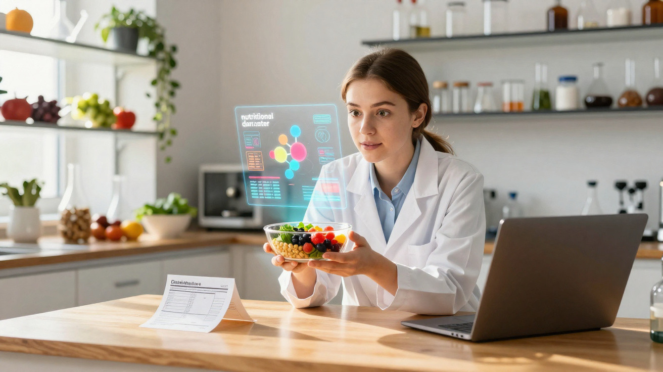 Mulher cientista em bata branca analisa dados nutricionais de salada saudável em cozinha moderna.