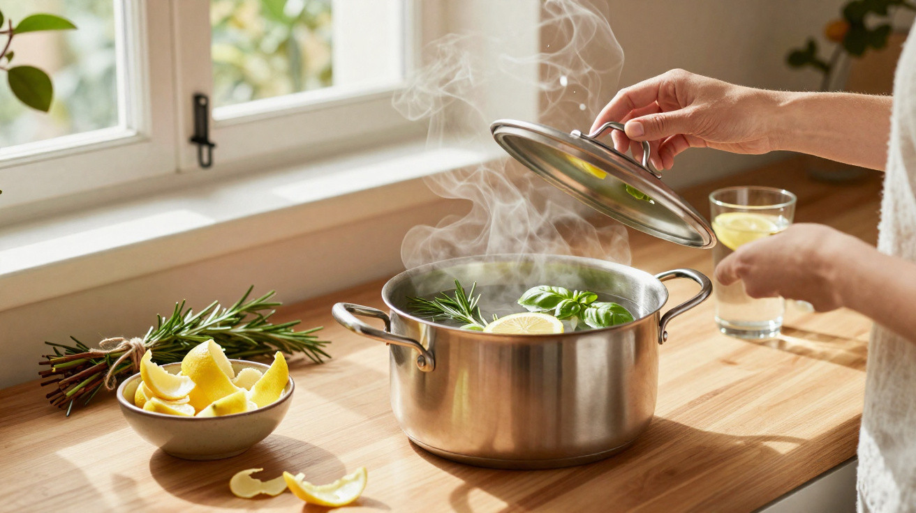 Pessoa a levantar tampa de panela a cozinhar com ervas e limão numa cozinha iluminada.