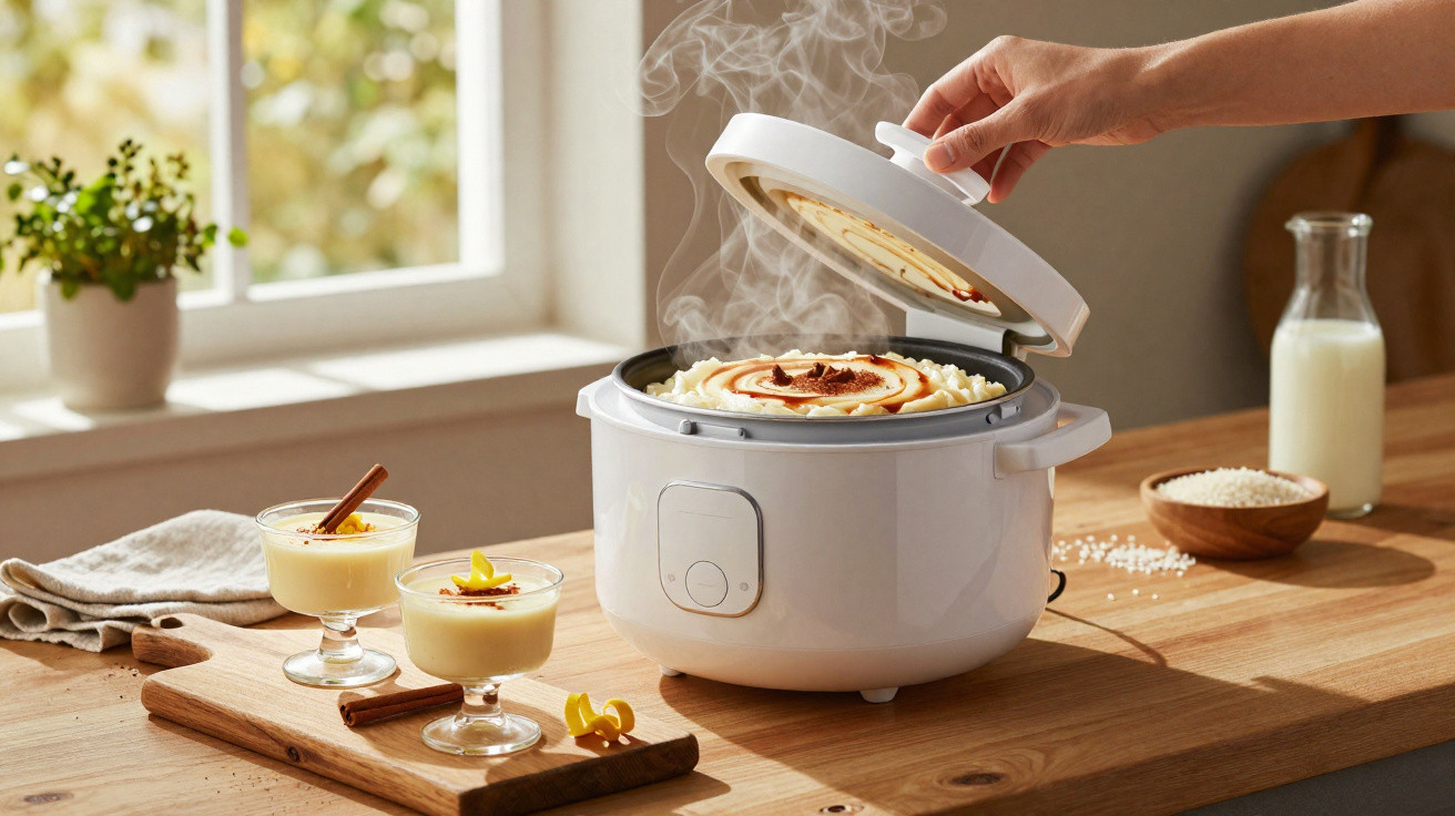 Panela de arroz branca com sobremesa quente, vaporizando, sobre mesa de madeira com copos de doce.