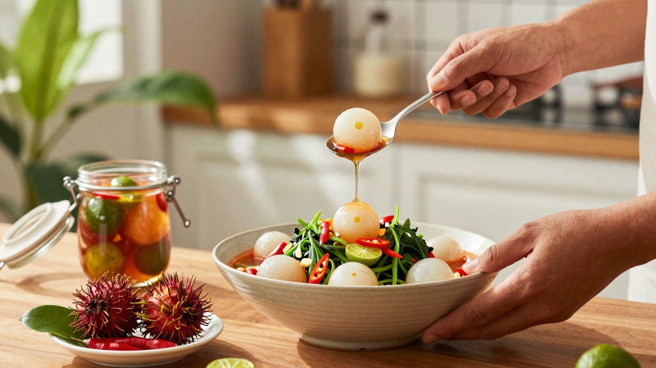 Pessoa a regar salada com molho, à mesa com frutos exóticos e ingredientes frescos na cozinha.
