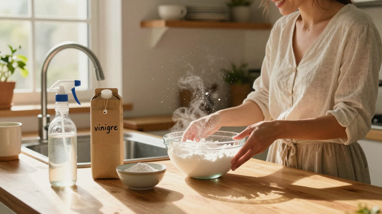 Mulher a mexer farinha num recipiente de vidro numa cozinha luminosa com vinagre e spray na bancada.