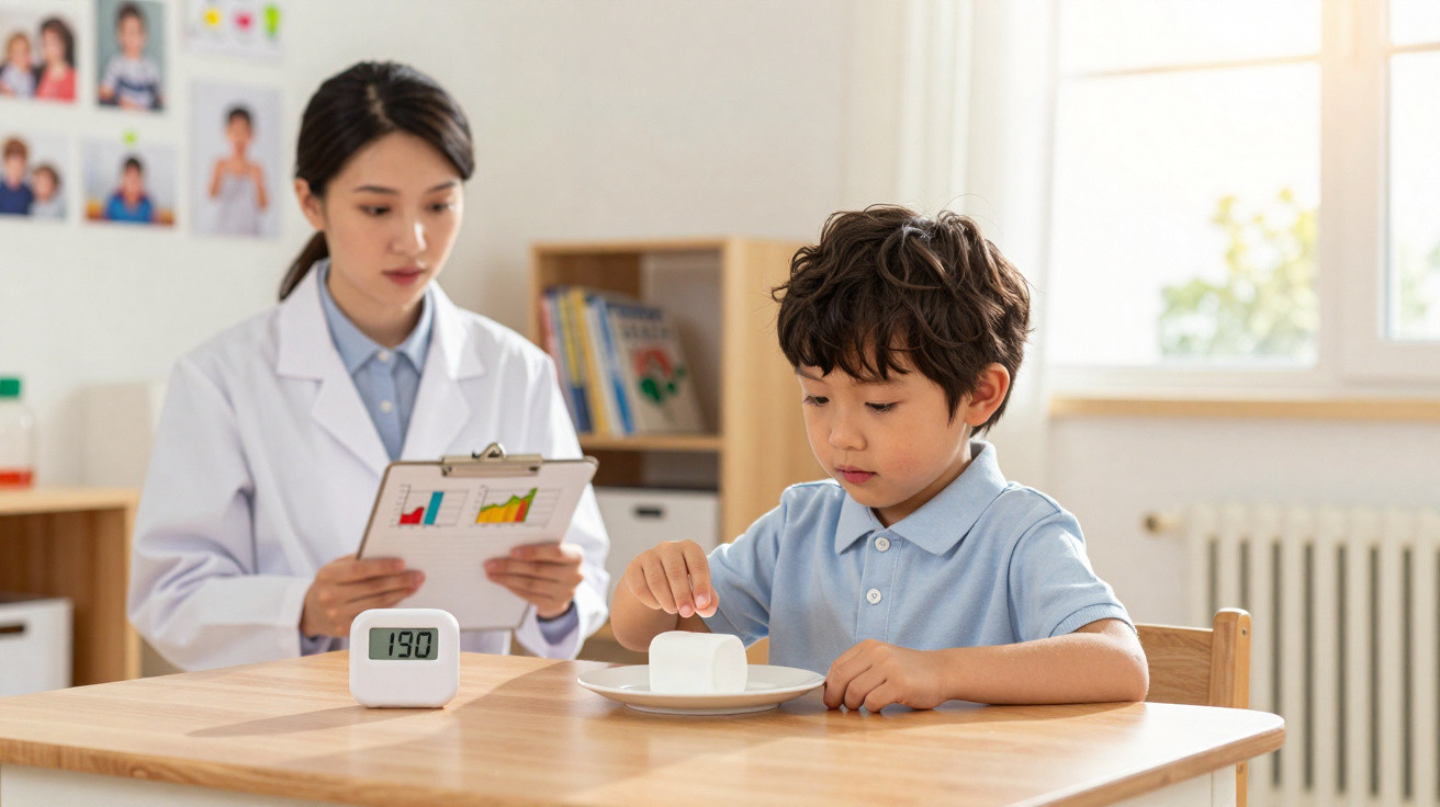 Criança a fazer um teste de glicose com médica a observar e tabela de resultados numa sala iluminada.