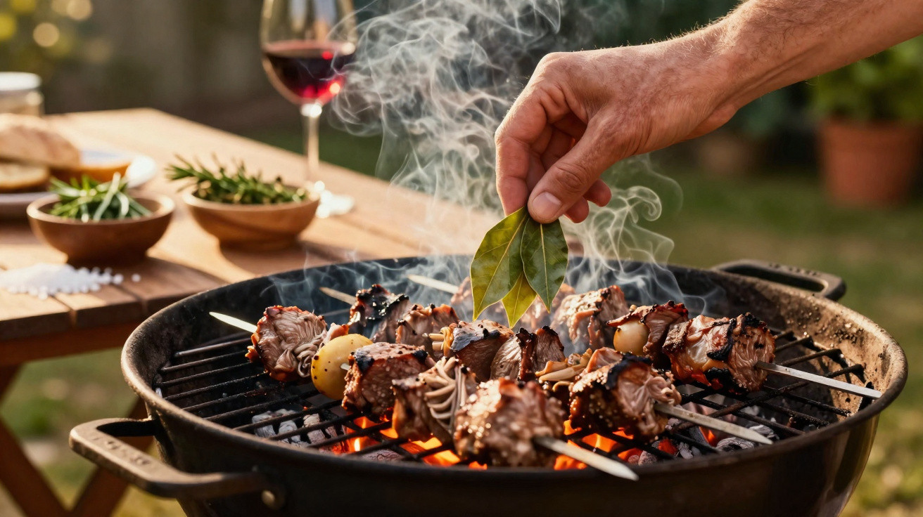 Churrasco com espetadas de carne e vegetais a ser temperado com folhas numa grelha a carvão ao ar livre.