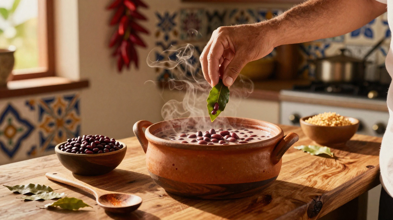 Mão a temperar feijão vermelho a cozinhar em tacho de barro numa cozinha com azulejos tradicionais.