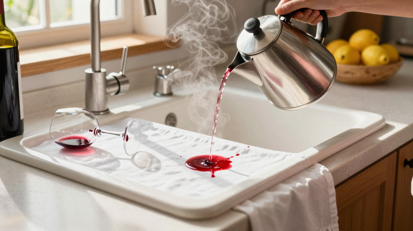 Pessoa a despejar líquido quente para tirar nódoa de vinho tinto em toalha branca na cozinha.