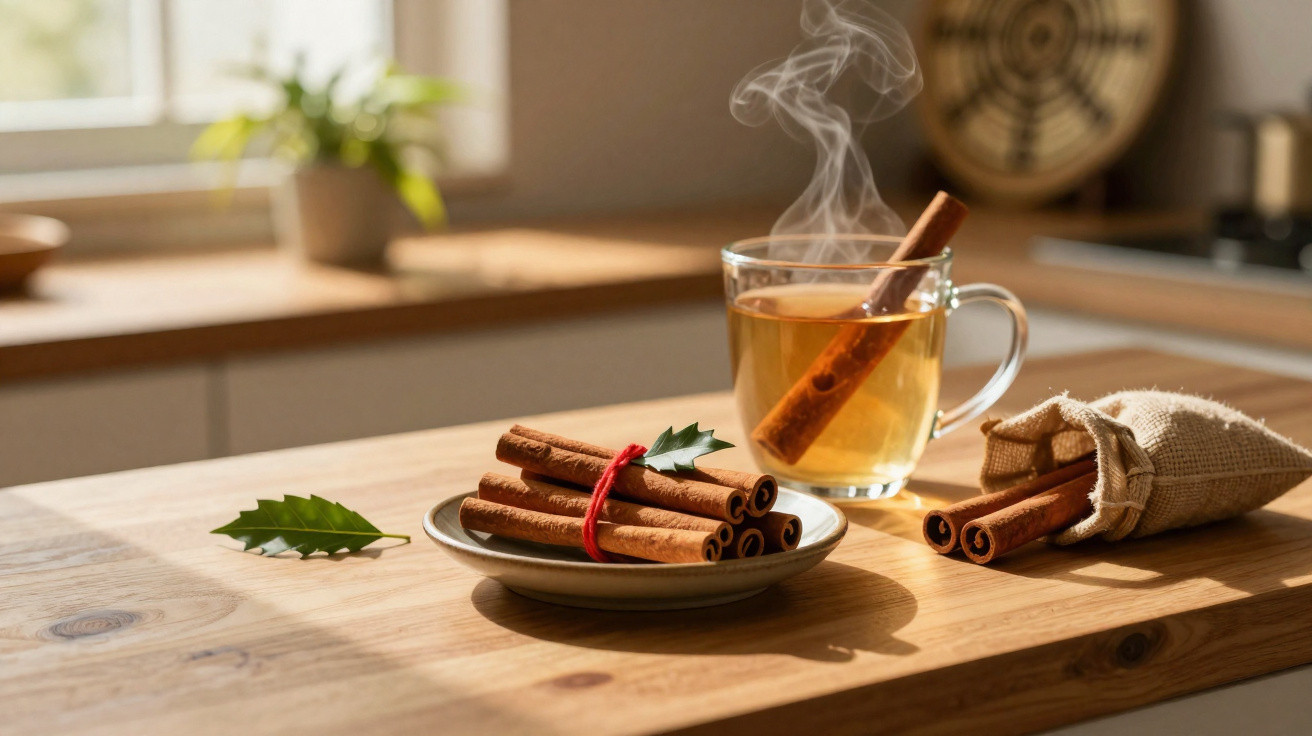 Raminhos de canela numa chávena de chá quente com vapor numa cozinha iluminada pelo sol.