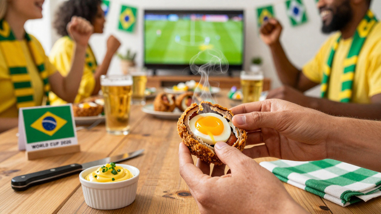 Pessoa a segurar ovo escocês fumegante numa mesa com comida e pessoas a ver futebol do Brasil na televisão.