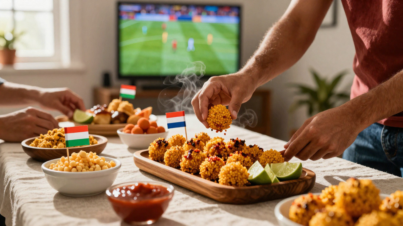 Mesa com petiscos quentes e bandeiras de países, pessoas a servir-se e jogo de futebol na televisão ao fundo.