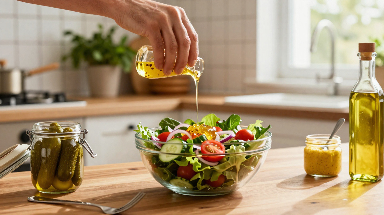 Mão a deitar azeite numa salada colorida com tomate, pepino e alface numa cozinha moderna e luminosa.