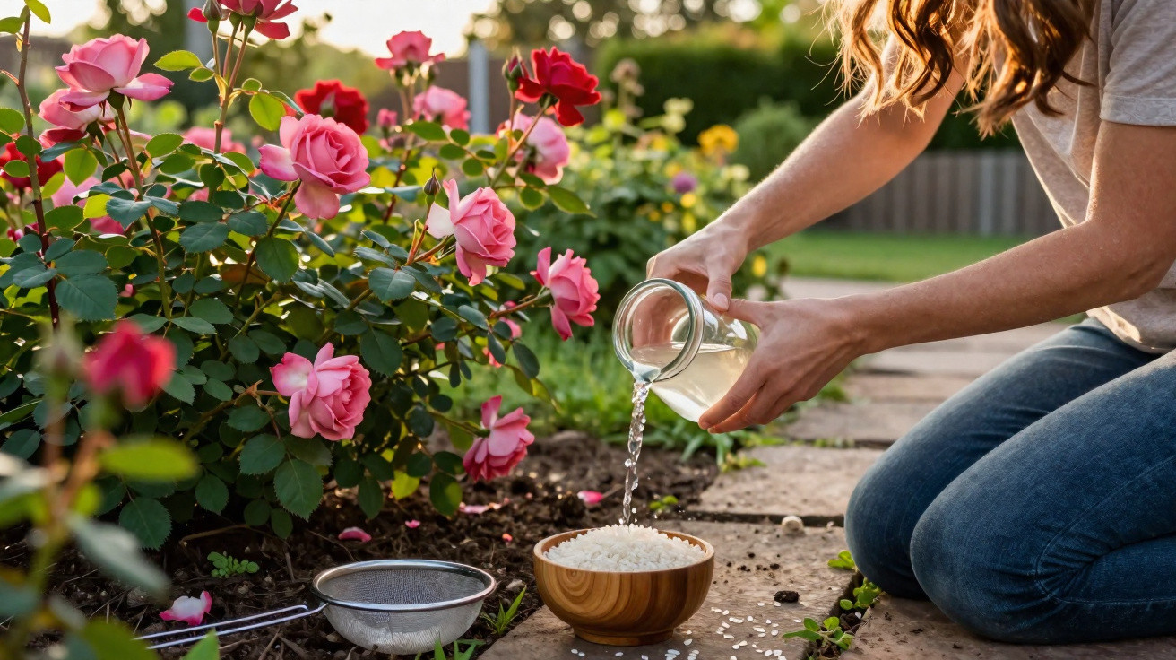 Pessoa a verter água num recipiente com arroz ao lado de rosas cor-de-rosa num jardim ao pôr do sol.