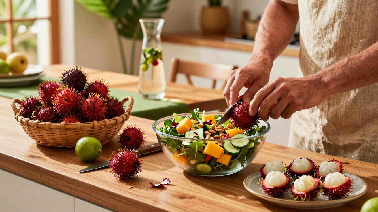 Mãos a preparar salada com rambutan, manga, pepino e folhas verdes numa cozinha iluminada.