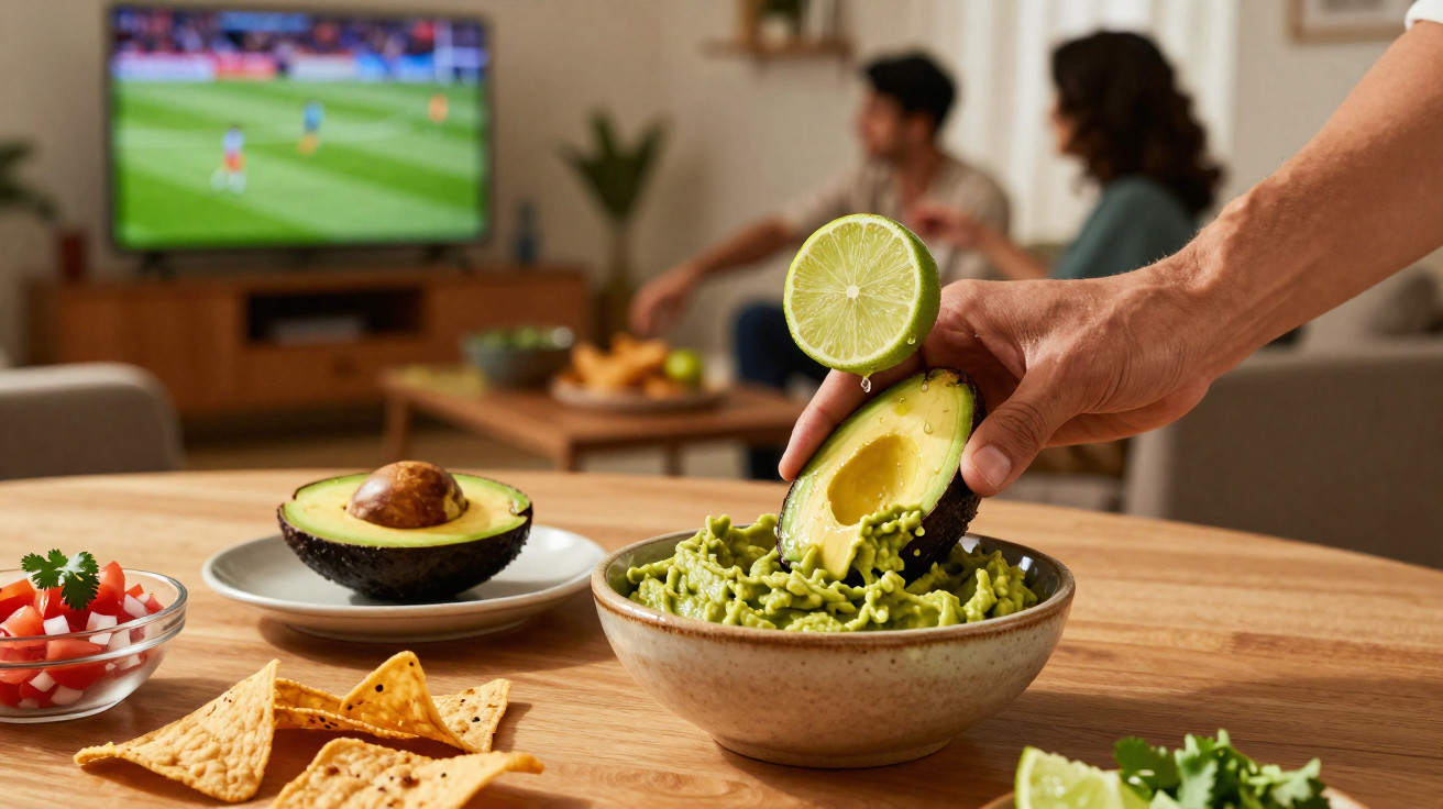 Mão a espremer lima sobre abacate com guacamole, nachos e pessoas a ver futebol na televisão ao fundo.