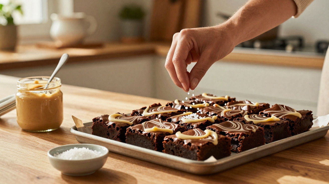 Mão polvilhando sal grosso em brownies com cobertura de chocolate e caramelo numa tabuleiro na cozinha.