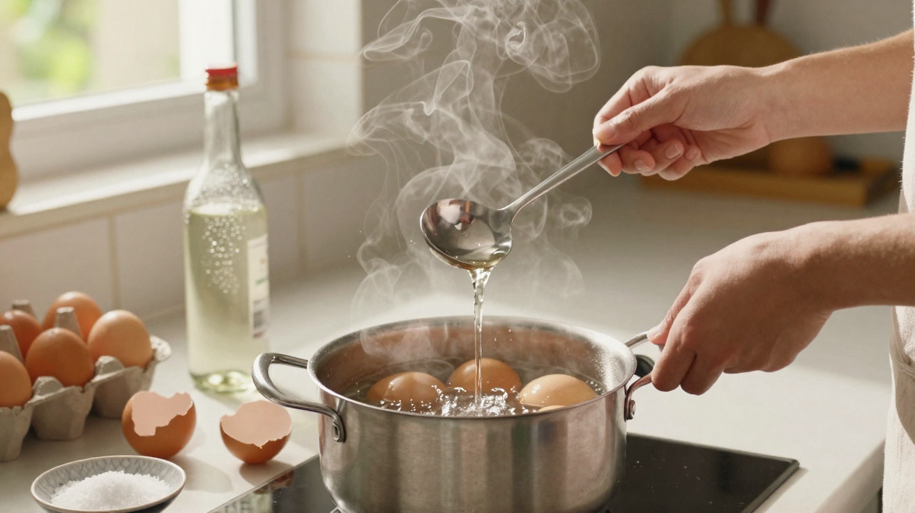 Pessoa a cozinhar ovos numa panela com água a ferver, numa cozinha iluminada pela luz natural.