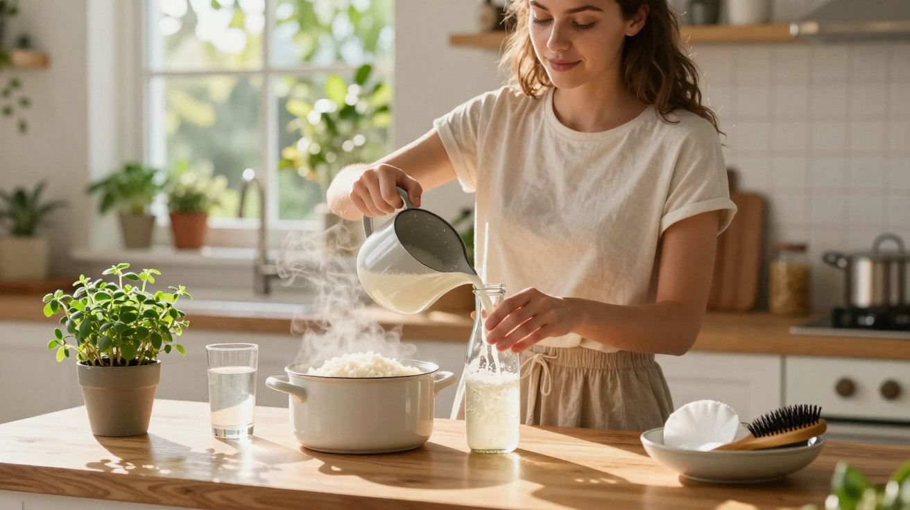 Mulher a verter leite quente numa garrafa numa cozinha luminosa e moderna.