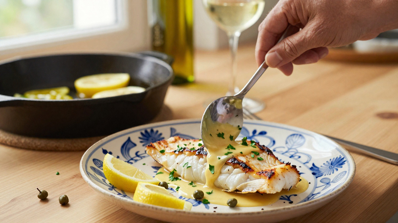 Peixe grelhado servido com molho, limão e alcaparras num prato decorado, com mão a regar com colher.