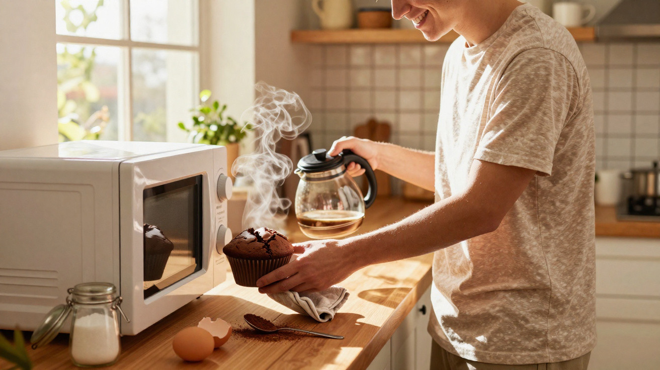Homem sorridente a retirar muffin quente do micro-ondas enquanto segura jarra de café numa cozinha iluminada.