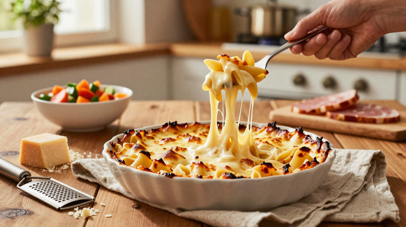 Taça branca com massa gratinada e queijo derretido sendo servida numa colher, sobre mesa de madeira.