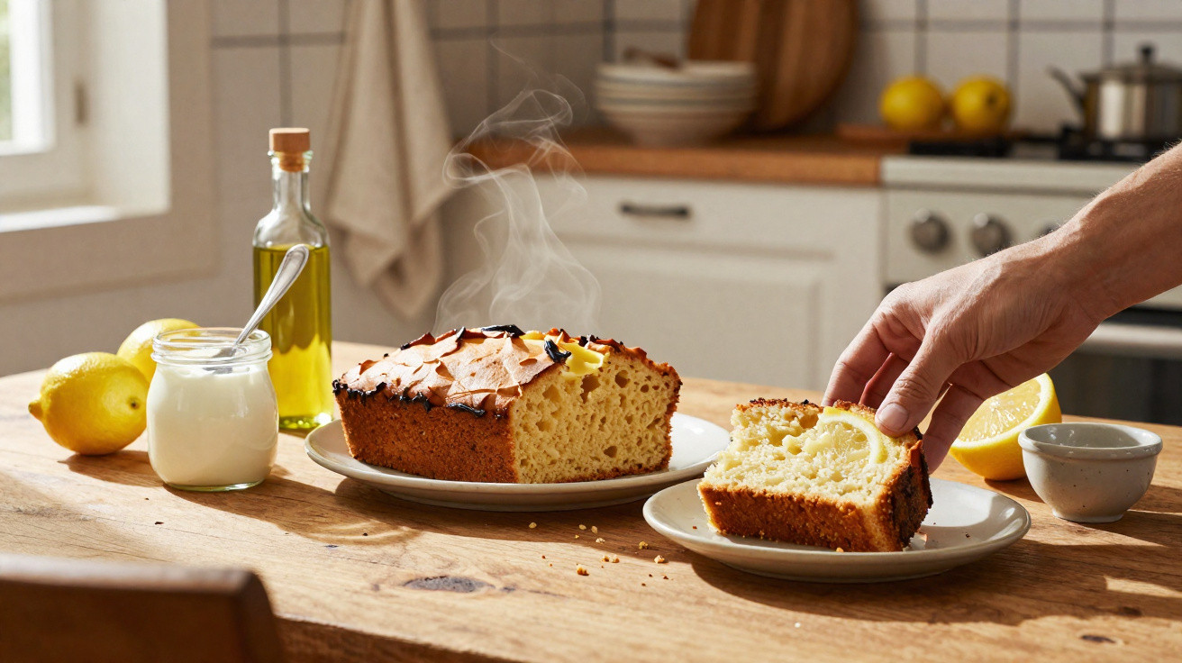 Bolo de limão fresco e fumegante numa mesa de cozinha, com uma mão a pegar numa fatia.