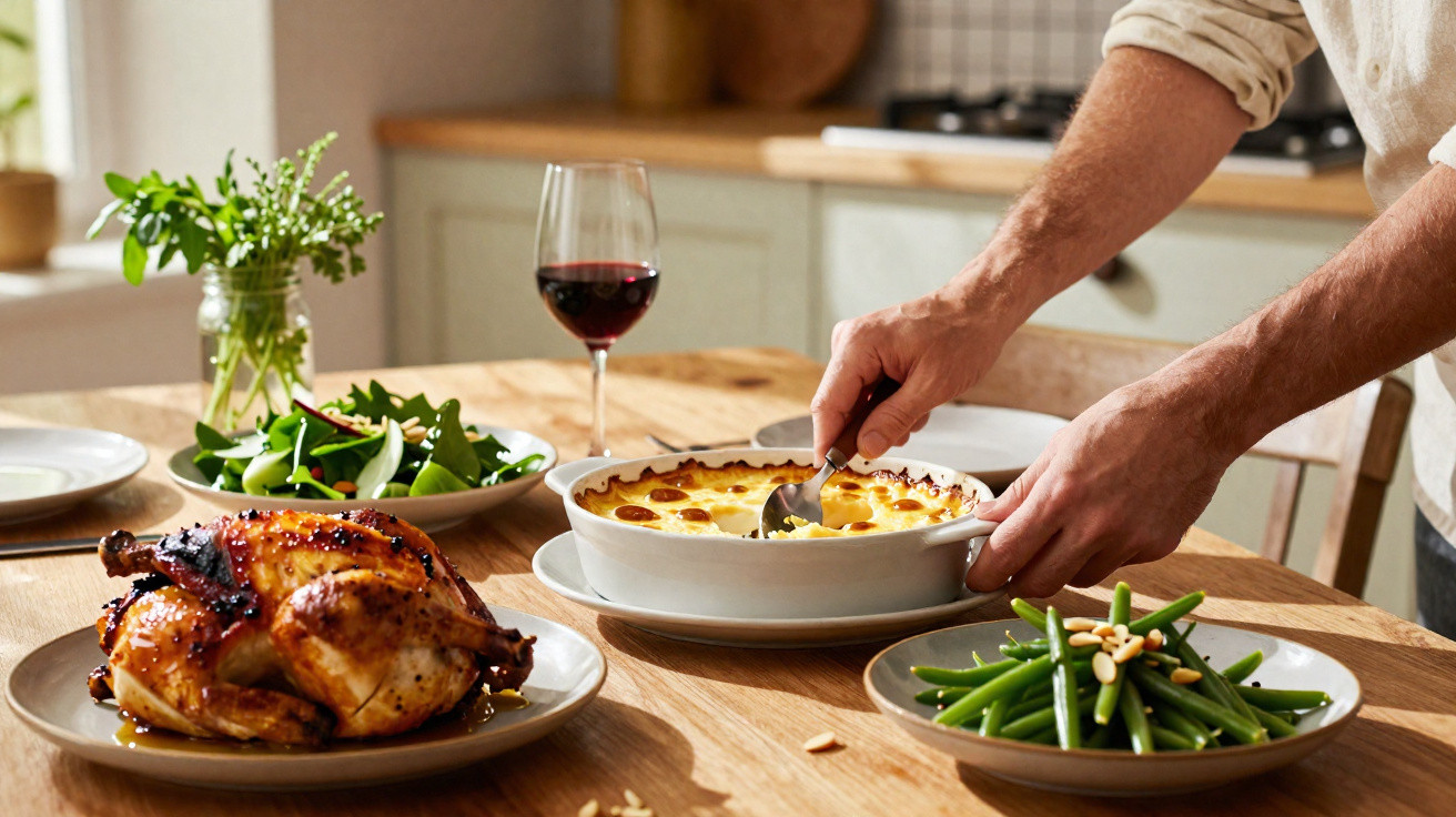 Mesa de madeira com frango assado, prato de feijão verde, salada, vinho tinto e uma caçarola de batatas gratinadas.