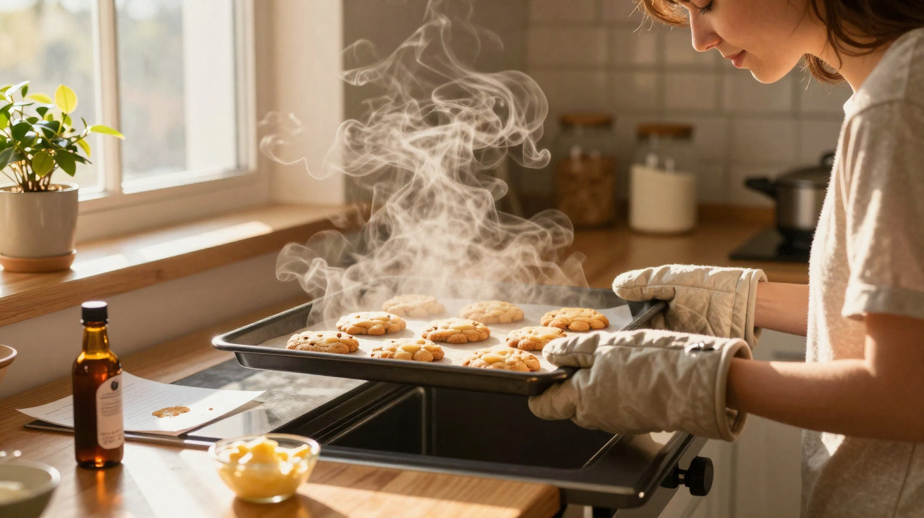 Mulher a retirar tabuleiro com bolachas quentes e fumegantes do forno na cozinha iluminada.