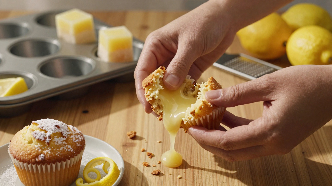 Mãos a abrir um muffin com recheio cremoso e derretido, com limões e muffins ao lado numa mesa de madeira.