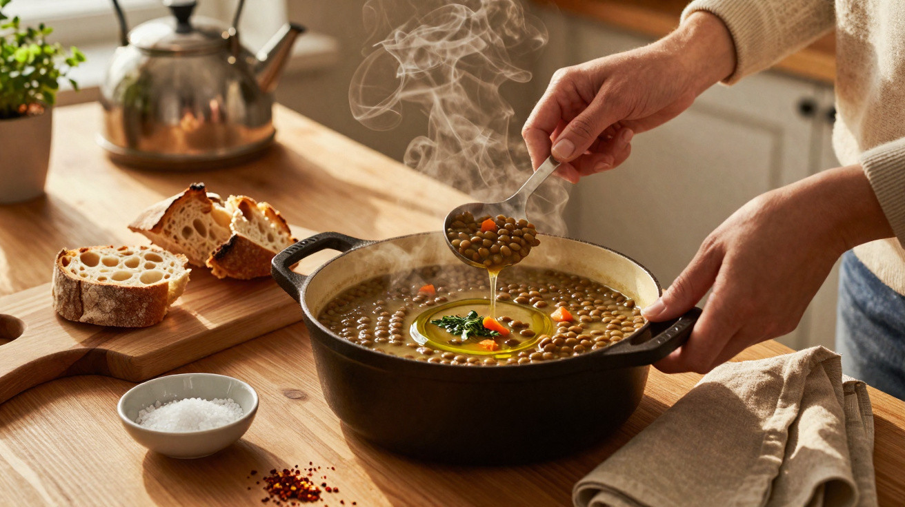 Pessoa a servir sopa de lentilhas quente numa panela castanha, com pão e sal numa mesa de madeira.