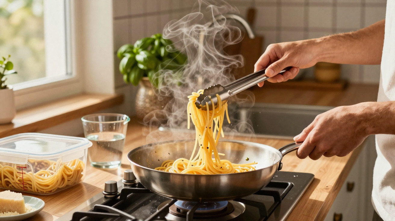 Mãos a cozinhar esparguete numa frigideira sobre um fogão a gás numa cozinha iluminada pela luz natural.