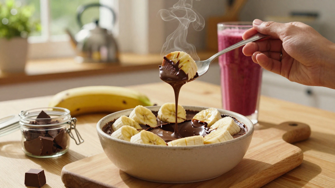 Tigela com banana e chocolate quente, mão a levantar colher com pedaço de banana e chocolate derretido.