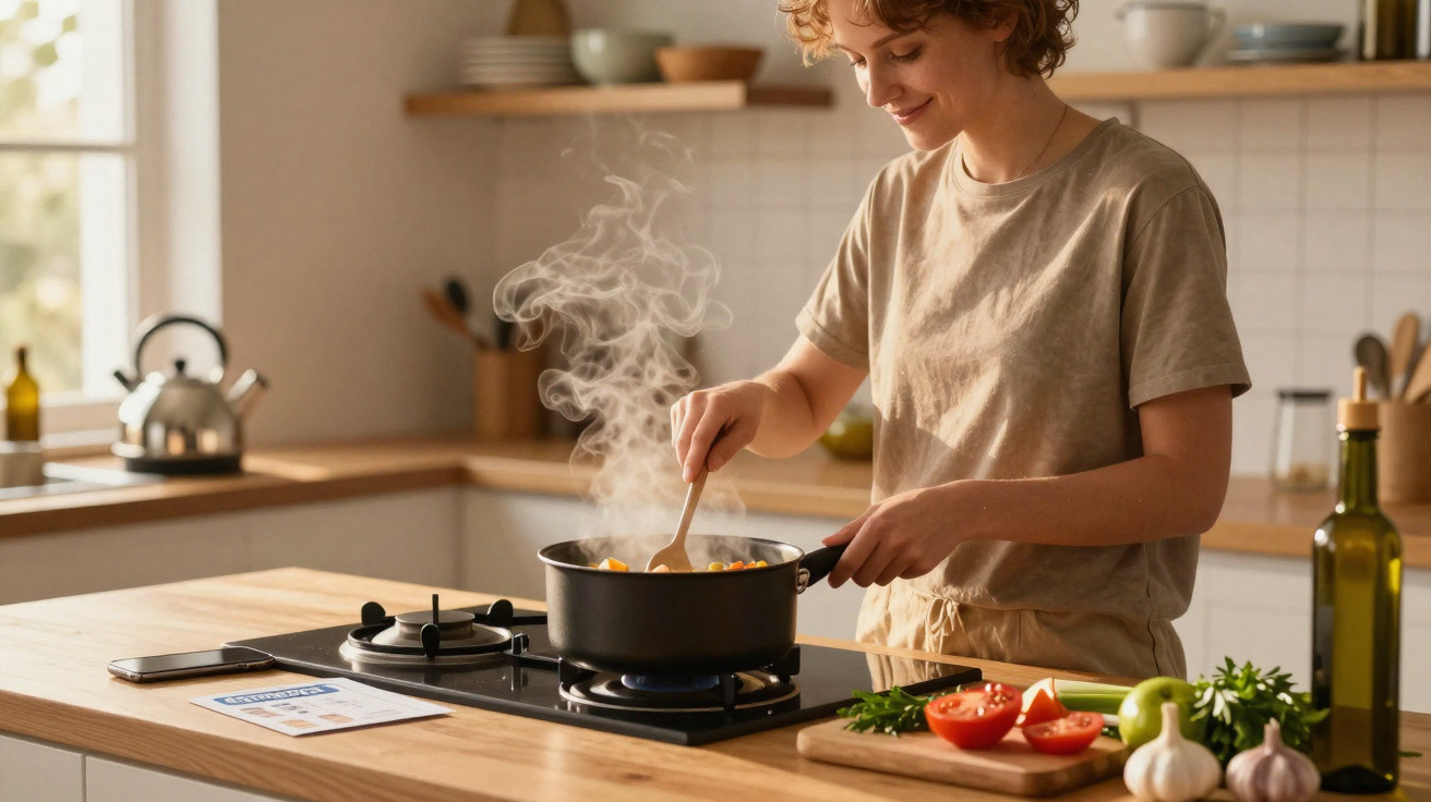 Mulher a cozinhar numa cozinha moderna, mexendo uma panela no fogão com ingredientes frescos na bancada.