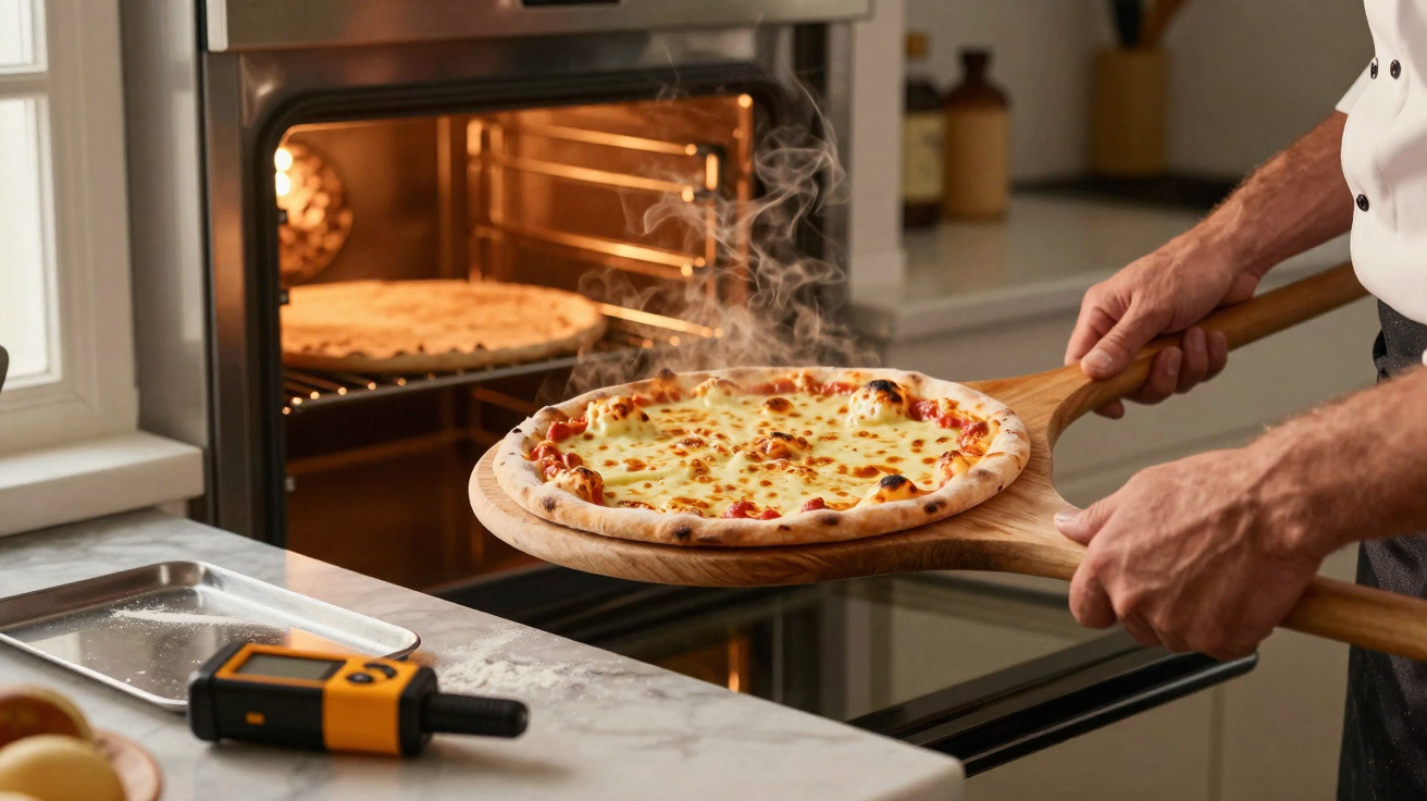 Pizza acabada de sair do forno numa pá de madeira com vapor a subir, ao lado de forno aberto.