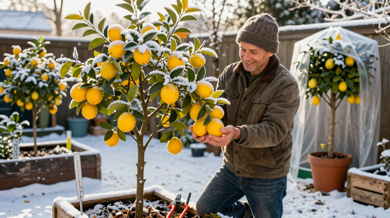 Homem a cuidar de limoeiros com frutos e folhas cobertos de neve num jardim nevado.