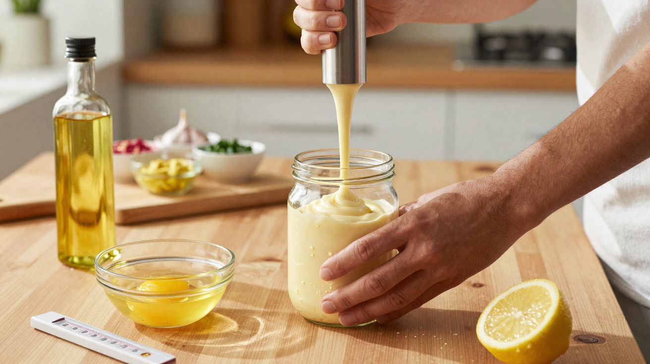 Pessoa a preparar maionese caseira com ingredientes sobre a mesa de cozinha, incluindo ovo, limão e azeite.