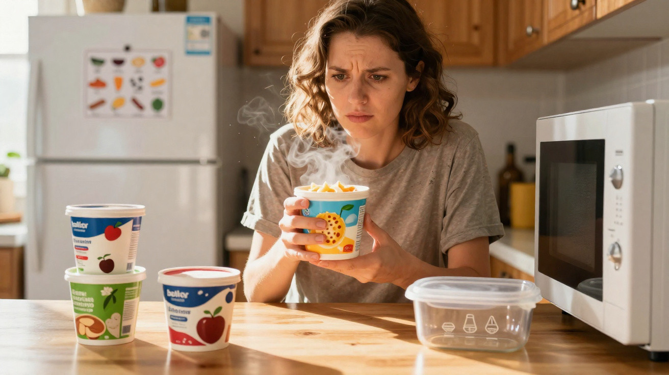 Mulher a olhar desconfiada para comida instantânea quente na cozinha com micro-ondas ao lado.