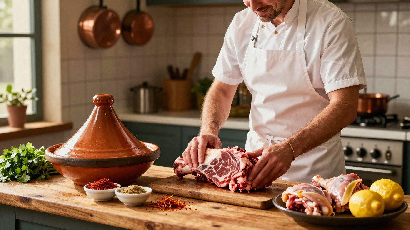 Homem a preparar carne para cozinhar numa cozinha com especiarias, limões e tagine na bancada.