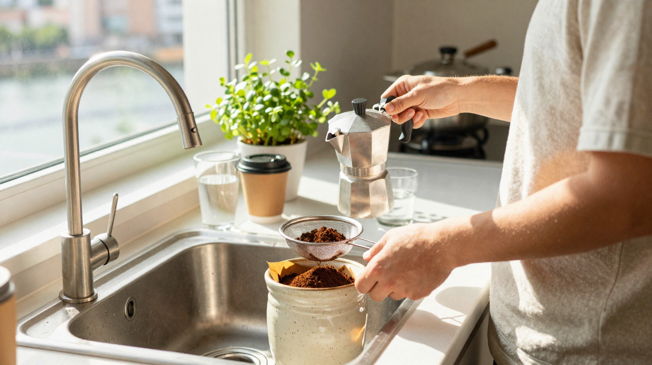 Pessoa a preparar café com cafeteira italiana e café moído na cozinha junto à janela.