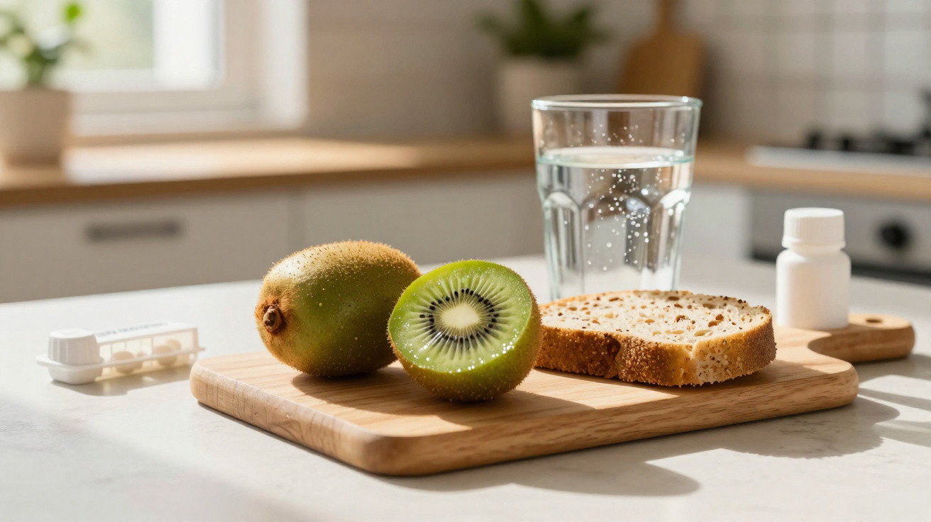 Tábua com kiwi, fatia de pão, copo de água e comprimidos numa cozinha iluminada.