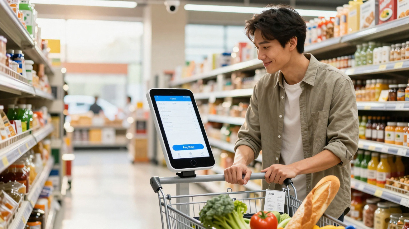 Homem a fazer compras com carrinho equipado com ecrã digital num supermercado.