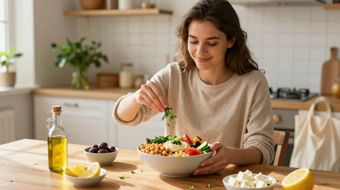 Mulher a preparar salada saudável com grão, tomate, ervas e legumes numa cozinha luminosa.