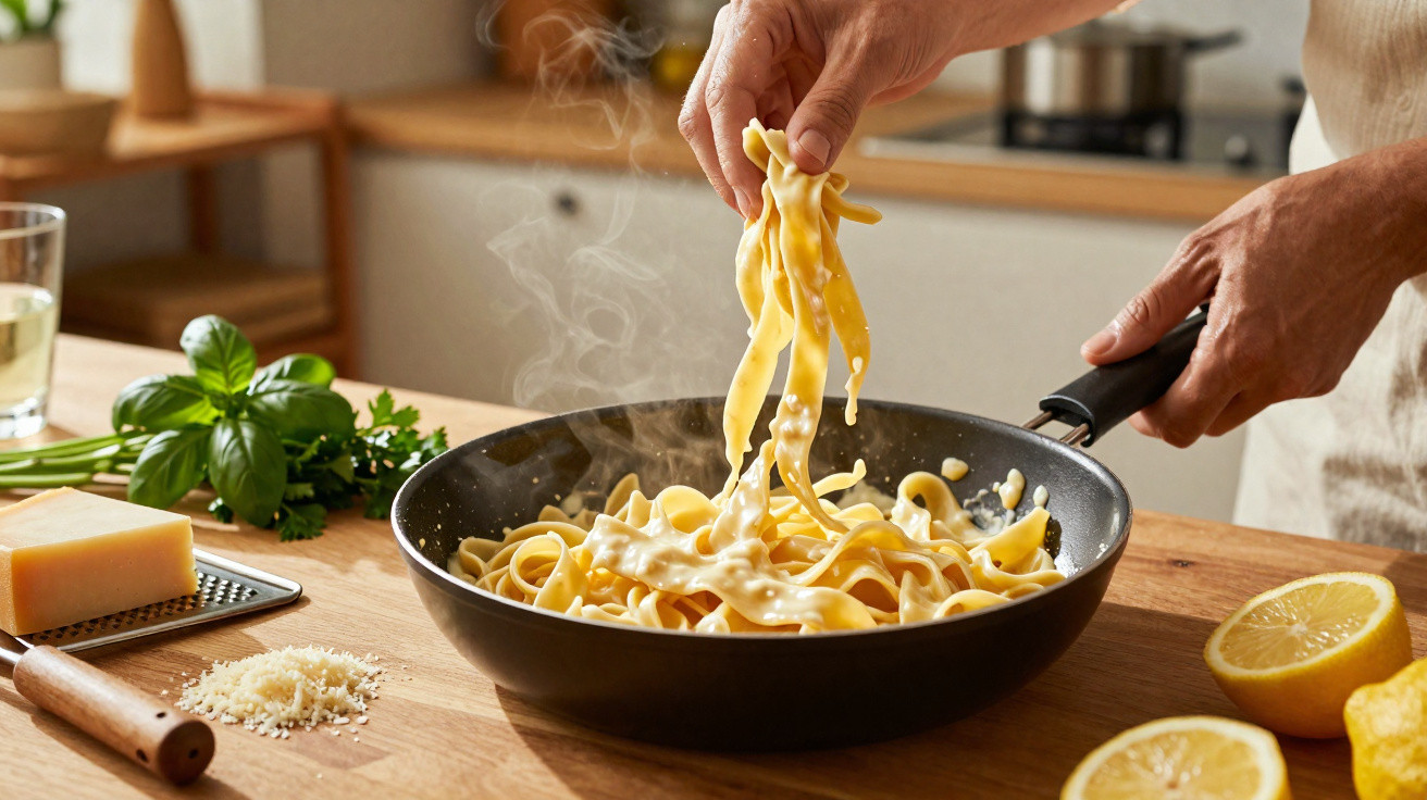 Mãos a cozinhar massa fresca numa frigideira com queijo e molho cremoso numa cozinha luminosa.