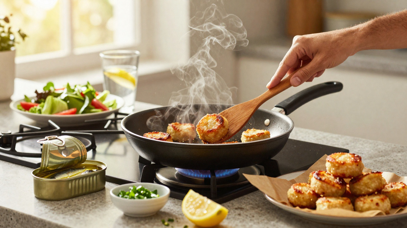 Mãos a cozinhar bolinhos dourados numa frigideira em fogão, com salada, limão e ervas na bancada.