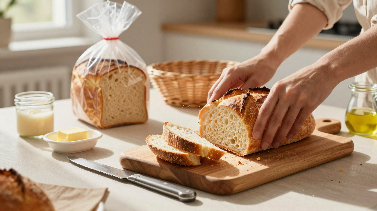 Pessoa a cortar pão fresco numa tábua de madeira numa cozinha iluminada pela luz natural.