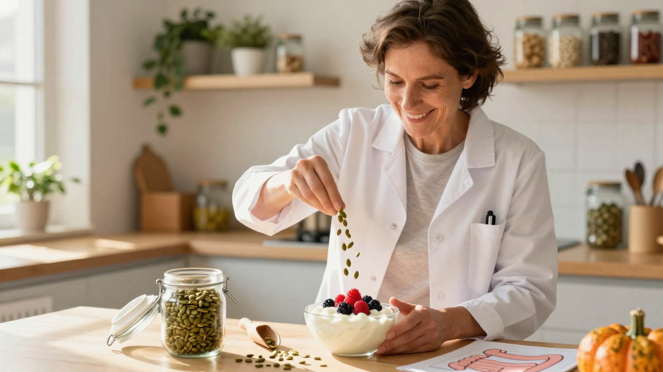 Mulher sorridente com bata branca a colocar sementes num iogurte com frutos vermelhos numa cozinha iluminada.