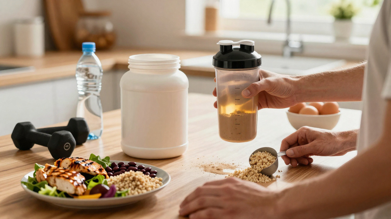 Pessoa a preparar batido proteico na cozinha com pratos de comida saudável, halteres e garrafa de água à vista.