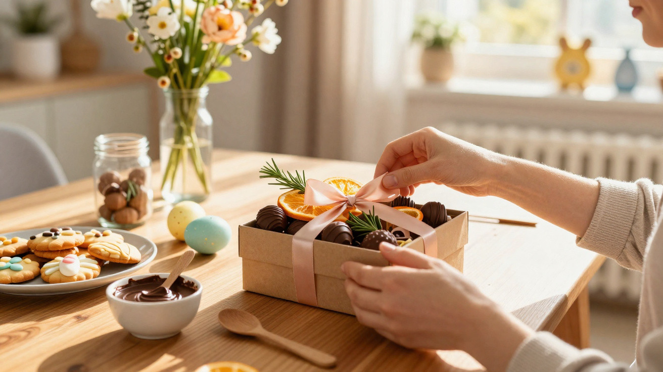 Mãos a fechar caixa de chocolates decorada com fita rosa, perto de bolachas, ovos de Páscoa e flores numa mesa.