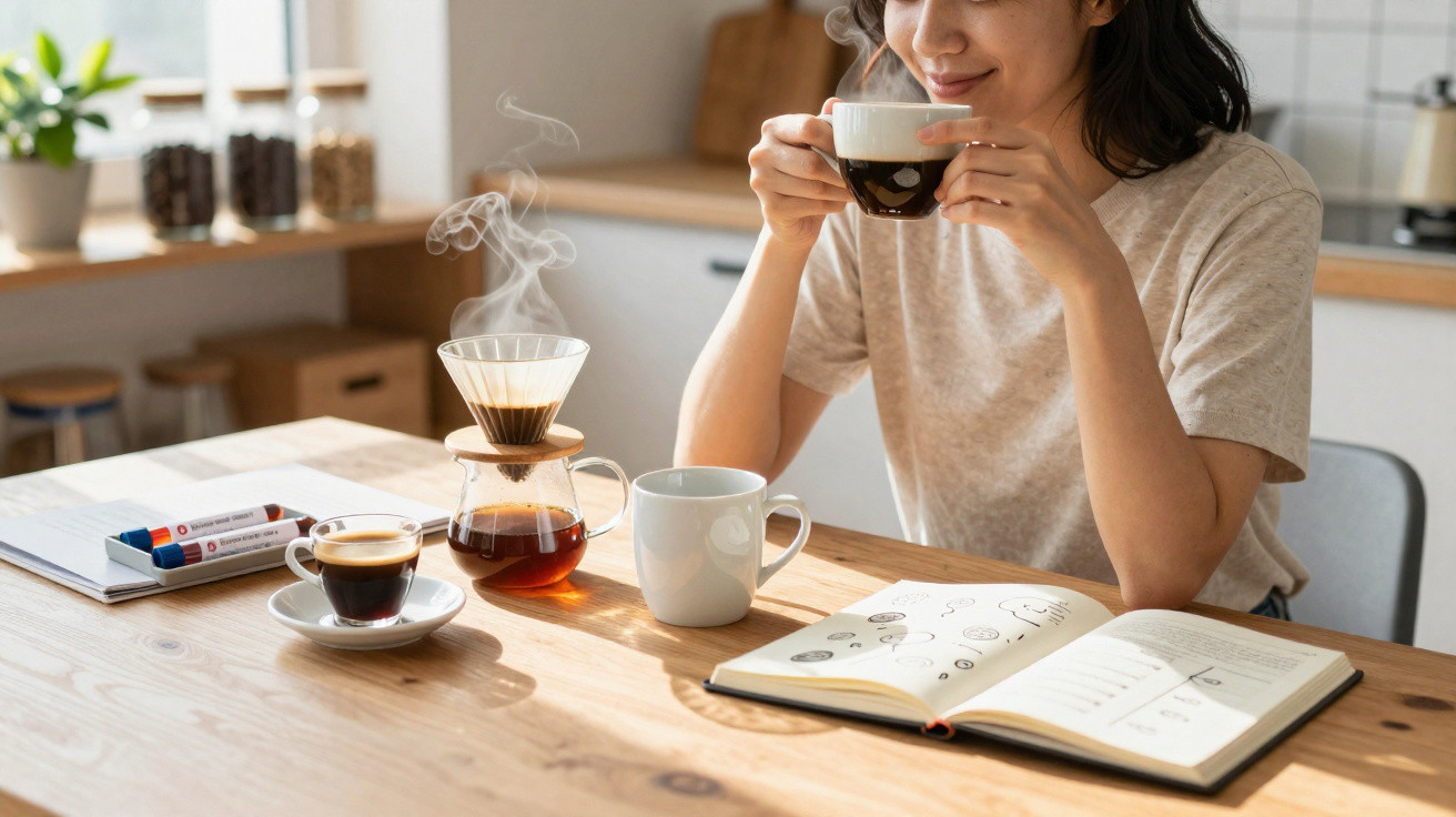 Mulher a desfrutar de café quente numa cozinha, com livro aberto sobre mesa de madeira.