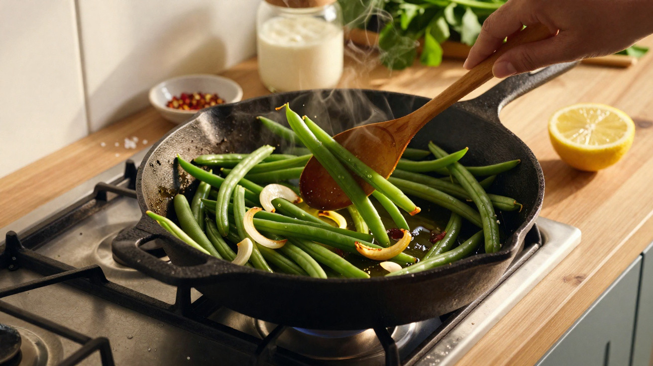 Feijão verde e alho a serem salteados numa frigideira preta num fogão de cozinha.