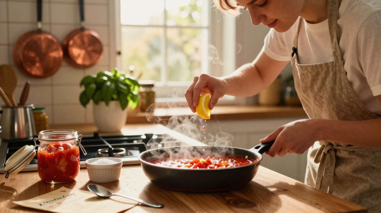 Pessoa a espremer limão numa frigideira com molho de tomate numa cozinha acolhedora e luminosa.