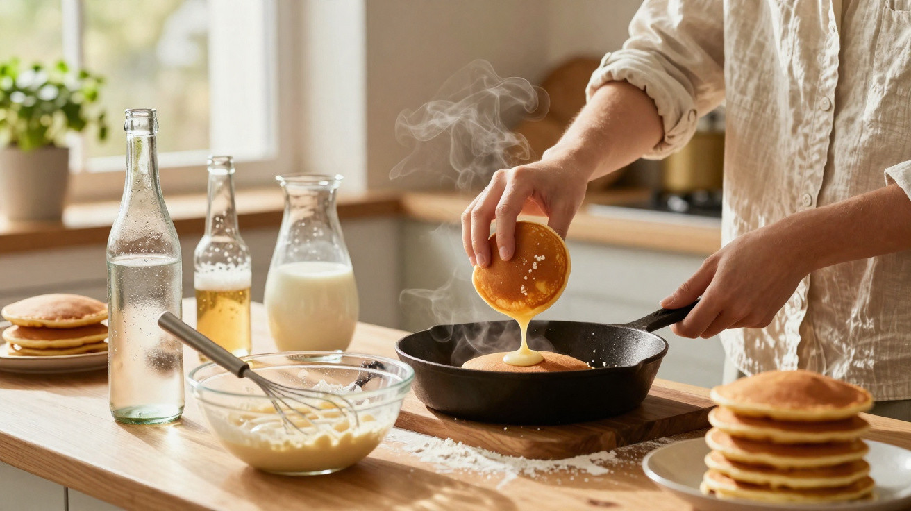 Pessoa a cozinhar panquecas numa frigideira numa cozinha iluminada, com ingredientes e panquecas na mesa.
